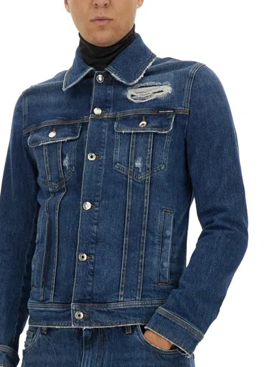 Dolce & Gabbana Blue Jacket With Classic Collar And Rips In Denim Stretch Man In Multicolor