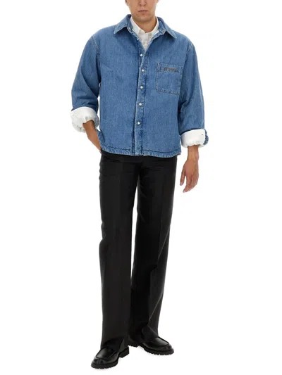 Jacquemus 'la Chemise Boulanger' Blue Jacket With Classic Collar And Logo Embroidery On The Front In Blue