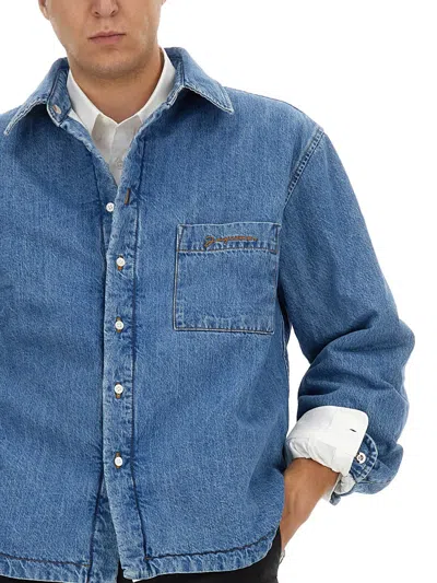 Jacquemus 'la Chemise Boulanger' Blue Jacket With Classic Collar And Logo Embroidery On The Front In Blue