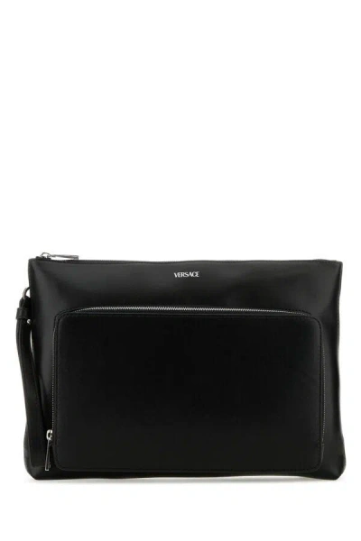 Versace Black Leather Large Cargo Clutch In Black
