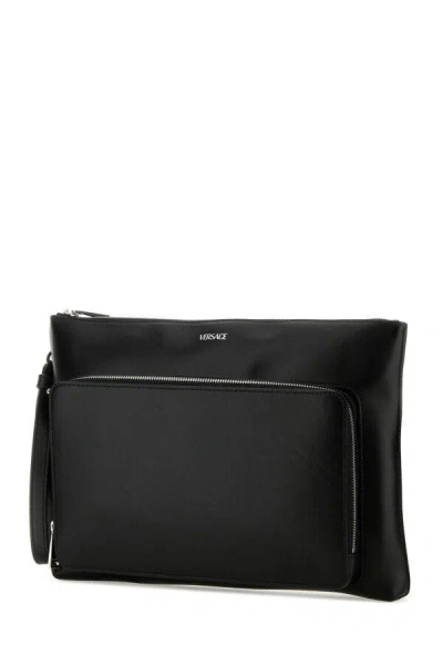 Versace Black Leather Large Cargo Clutch In Black
