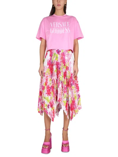 Versace Orchid Print Pleated Crepe Midi Skirt In Multicolor