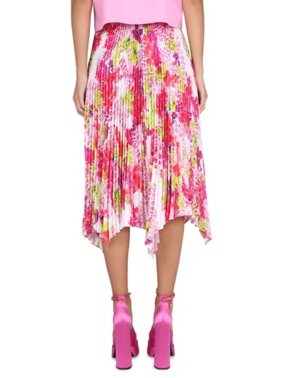 Versace Orchid Print Pleated Crepe Midi Skirt In Multicolor