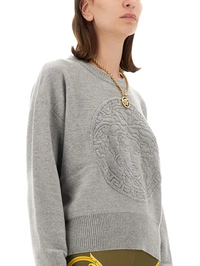 Shop Versace Women Wool Blend Medusa Sweater In Gray