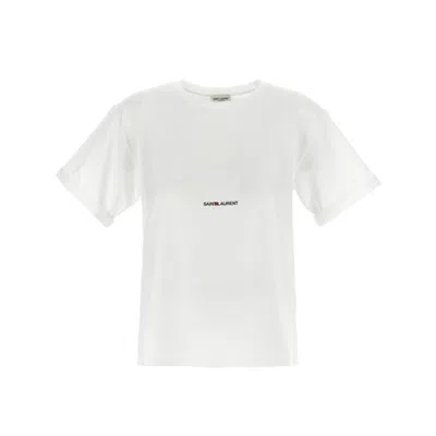 Saint Laurent Basic White T-shirt With Miiddle Logo Print In Cotton Woman In White