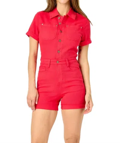 Judy Blue Fireball Denim Romper In Red In Red