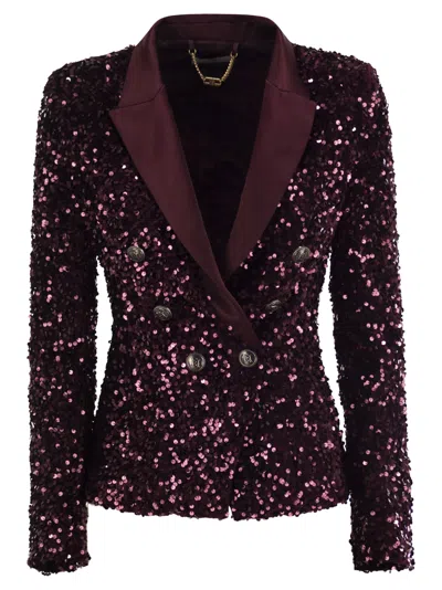 Elisabetta Franchi Double-breasted Jacket In Chenille Embroidered With Sequins