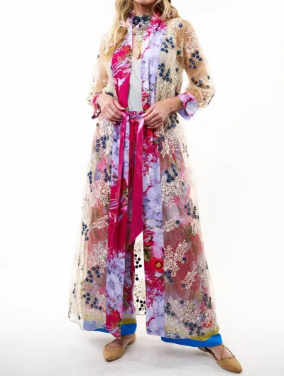 Aratta Starletta Sheer Duster In Ivory/blue/deep Raspberry In Multi