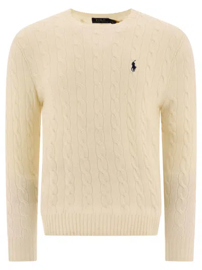 Polo Ralph Lauren White Cable Knit Crewneck Sweater With Pony Embroidery On The Front In Wool And Cashmere Man