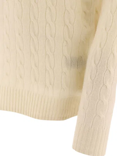 Polo Ralph Lauren White Cable Knit Crewneck Sweater With Pony Embroidery On The Front In Wool And Cashmere Man