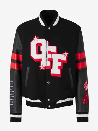 Off-white Dices Lea Varsity Jacket In 100% Leather Sleeves Feature Contrast Stripes And Additional Logo Patches.