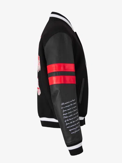 Off-white Dices Lea Varsity Jacket In 100% Leather Sleeves Feature Contrast Stripes And Additional Logo Patches.
