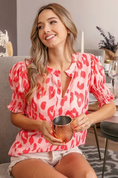 FASHNZFAB LEOPARD SMOCKED SHORT SLEEVE BLOUSE 