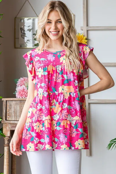 Fashnzfab Full Size Floral Ruffle Sleeve Tiered Blouse In Multi