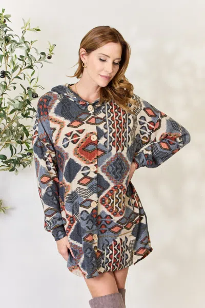 Fashnzfab Full Size Printed Button Up Hooded Jacket In Multi