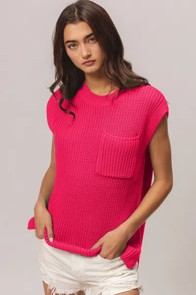 Fashnzfab Patch Pocket Cap Sleeve Sweater Top In Pink