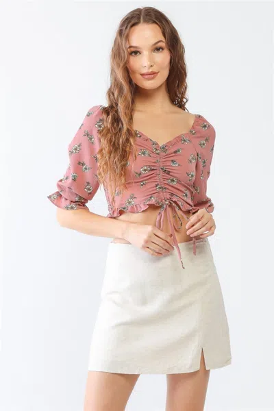 Fashnzfab Floral Ruffle Smocked Back Ruched Crop Top In Multi
