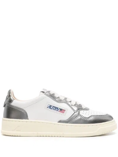 Autry 'medalist Low' White And Silver Low Top Sneakers With Logo Patch In Silver