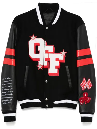 Off-white Dices Lea Varsity Jacket In 100% Leather Sleeves Feature Contrast Stripes And Additional Logo Patches.