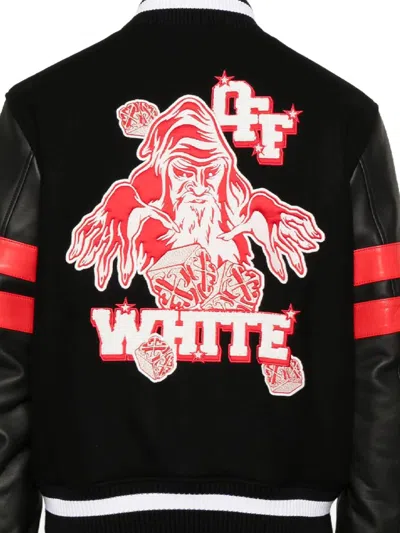 Off-white Dices Lea Varsity Jacket In 100% Leather Sleeves Feature Contrast Stripes And Additional Logo Patches.