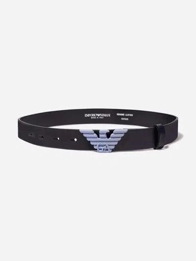 Emporio Armani Boys Leather Eagle Buckle Belt M (10 - 11 Yrs) Black In Black
