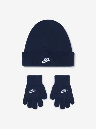 Nike Boys Futura Beanie Hat And Gloves Set In Blue