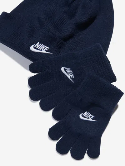 Nike Boys Futura Beanie Hat And Gloves Set In Blue