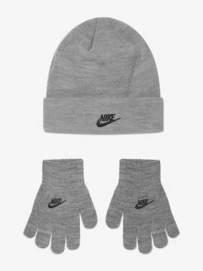 Nike Boys Futura Beanie Hat And Gloves Set In Grey