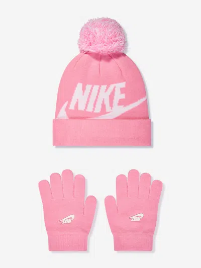 Nike Girls Swoosh Pom Beanie And Gloves Set In Pink
