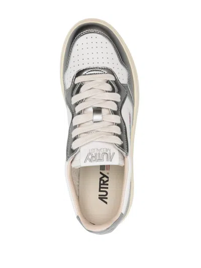 Autry 'medalist Low' White And Silver Low Top Sneakers With Logo Patch
