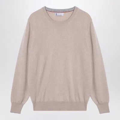 Brunello Cucinelli Cashmere Crew Neck Sweater With Contrasting Edge In Neutrals