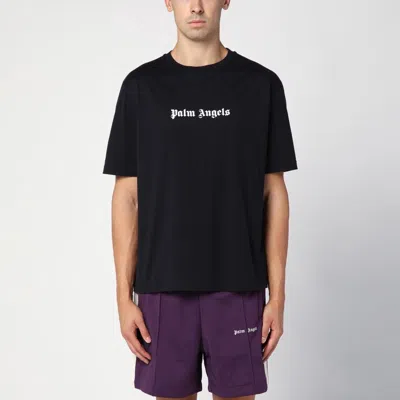 Palm Angels Blue Cotton T-shirt With Palm Print And Logo In White