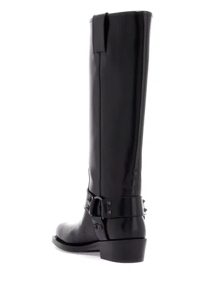 Valentino Rockstud Biker Knee-high Leather Boots In Black