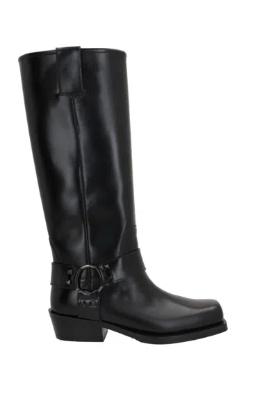 Valentino Rockstud Biker Knee-high Leather Boots In Black