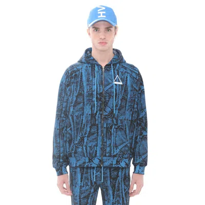 Hvman Camo Print Embroidered Cotton Zip-up Hoodie In Blue
