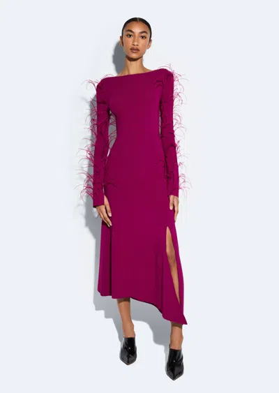 Lapointe Viscose Boatneck Dress With Feathers In Berry
