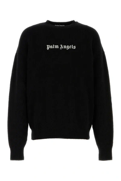 Palm Angels Black Cotton Crew Neck Sweatshirt With White Logo In Black