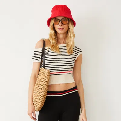 Monrow Boucle Knit Off Shoulder Top In Cream/ Black