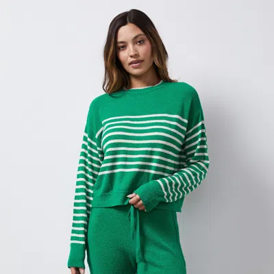 Monrow Boucle Knit Stripe Sweater In Parsley/ Cream