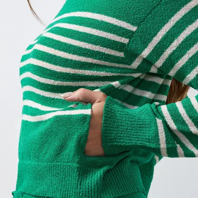 Monrow Boucle Knit Stripe Sweater In Parsley/ Cream