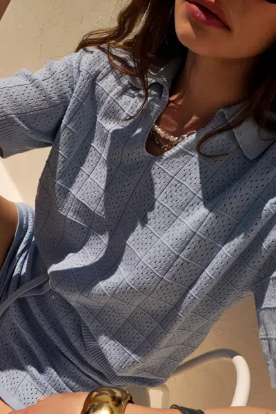 Monrow Crochet Knit Oversized Polo Tee Soft Blue In Soft Blue