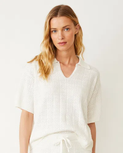 Monrow Crochet Knit Oversized Polo Tee In Ivory