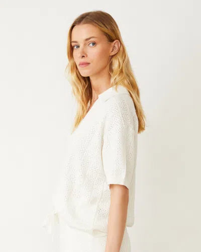 Monrow Crochet Knit Oversized Polo Tee In Ivory