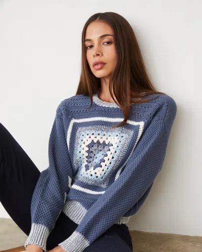 Monrow Crochet Pullover Sweater In Washed Blue