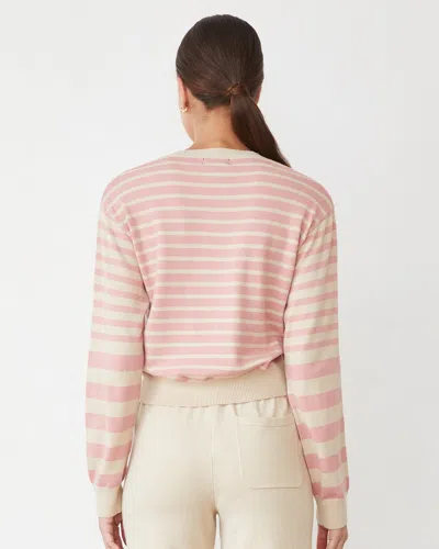 Monrow Light Soft Knit Stripe V Neck Sweater In Sand/chalk Pink