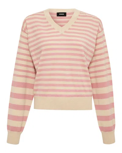Monrow Light Soft Knit Stripe V Neck Sweater In Sand/chalk Pink