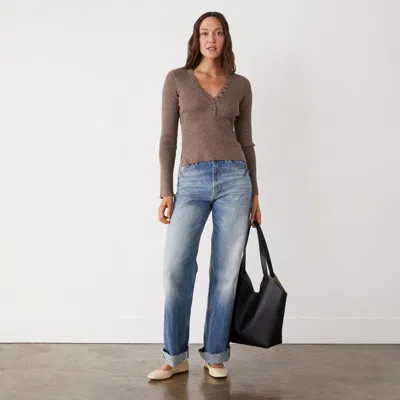 Monrow Rib Henley Sweater In Cocoa
