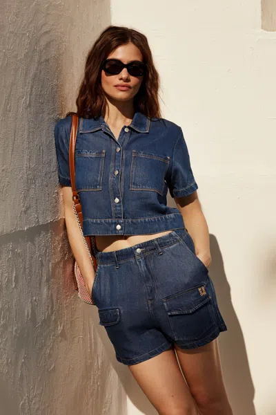 Monrow Soft Denim Cargo Short In Medium Wash