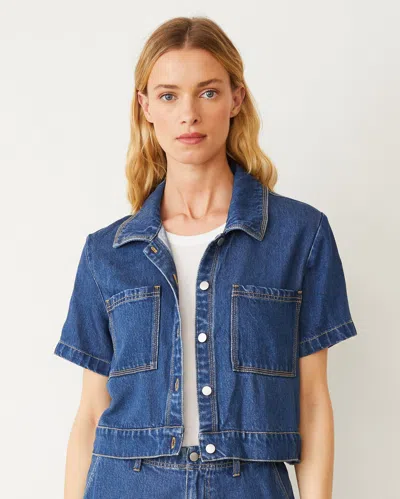 Monrow Soft Denim Short Sleeve Shirt In Medium Wash