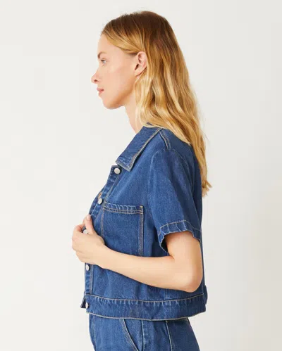 Monrow Soft Denim Short Sleeve Shirt In Medium Wash